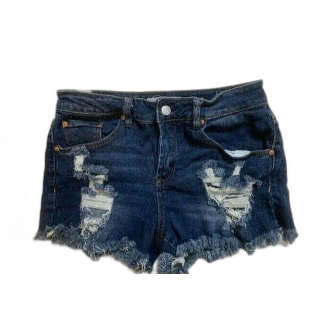 Almost Famous Size 1 Womens Shorts Stretch Dark Wash Rip Torn Distress Raw Hem